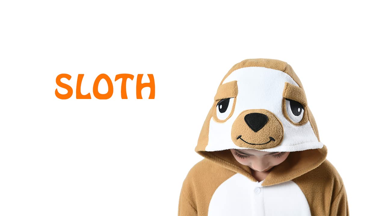 Canasour Kids Sloth Onesie Halloween Cosplay Costume Girls Animal Unisex Outfuit One Piece Hooded Soft Pajamas Brown Party 8-10