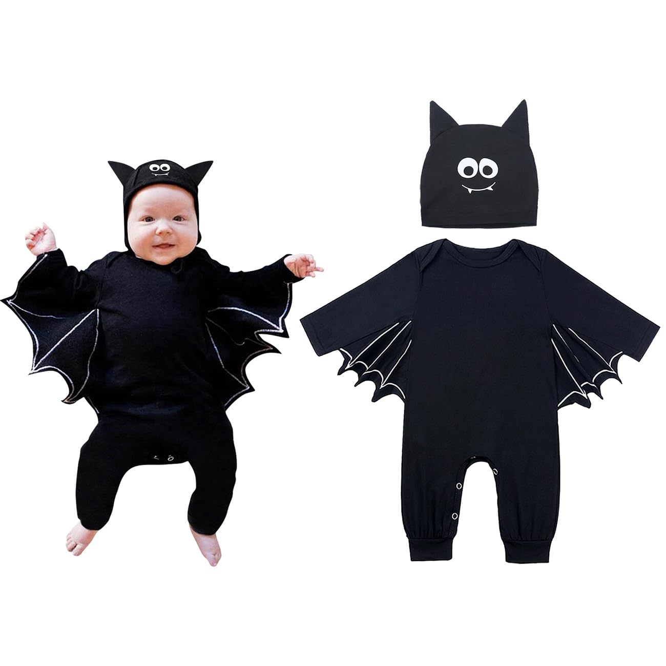 Fancyinn Infant Baby Black Bat Costumes Cloak Romper With Cartoon Bat Hat Halloween Bat Outfits 2Pcs 3-6 Months 2Pcs 70