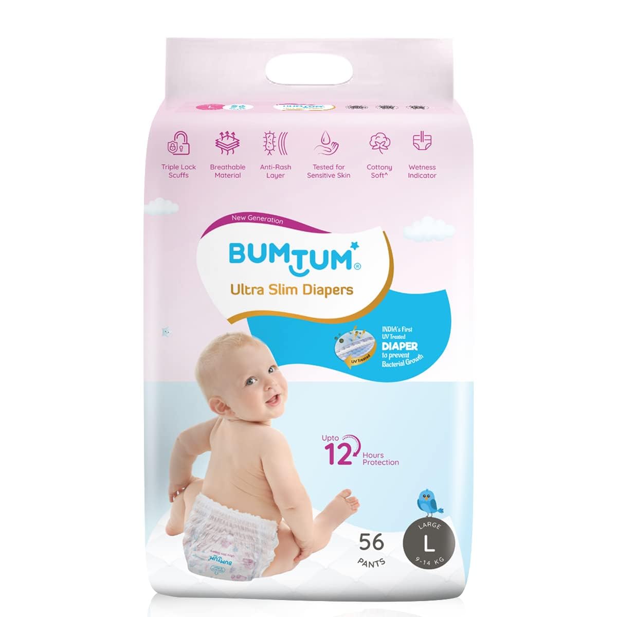 Bumtum Ultra Slim Small Baby Diaper Pants, 108 Count, For Sensitive Skin, 12 Hrs Protection,Cottony Soft AntiRash Layer, Wetnes