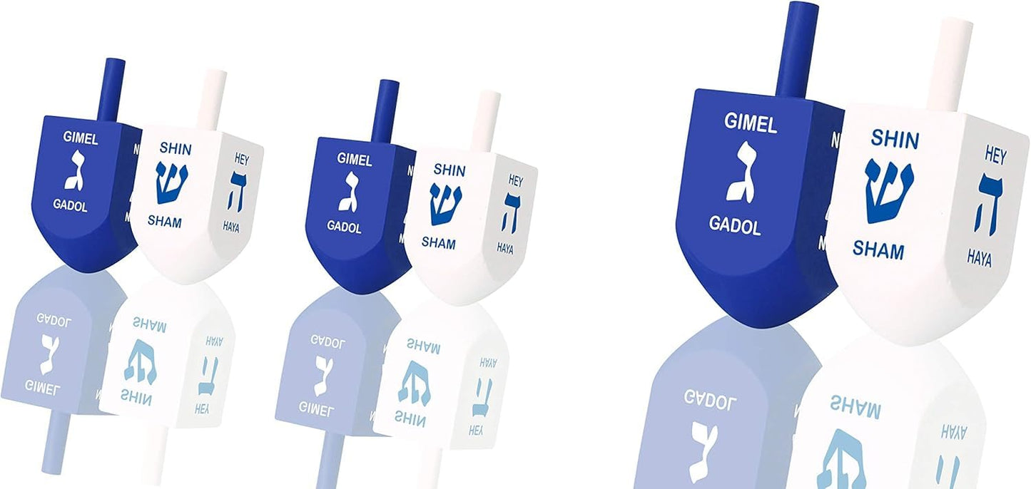 Zion Judaica Extra Large Hanukkah Wooden Dreidels In A Giftable Box 3' Blue & White Wood Dreidles With English Translation & Tr