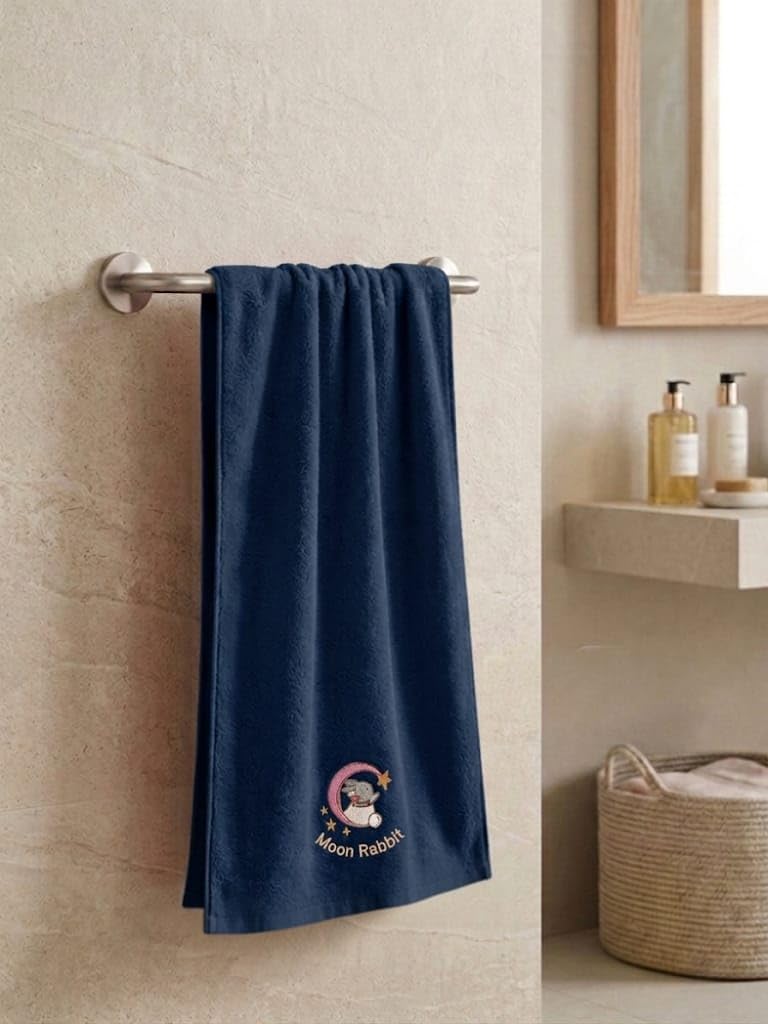 Babyholic Moon Rabbit Baby Towel, Cotton Terry, Soft Embroidered Design, PostBath Wrap for Infants (Blue, Large)