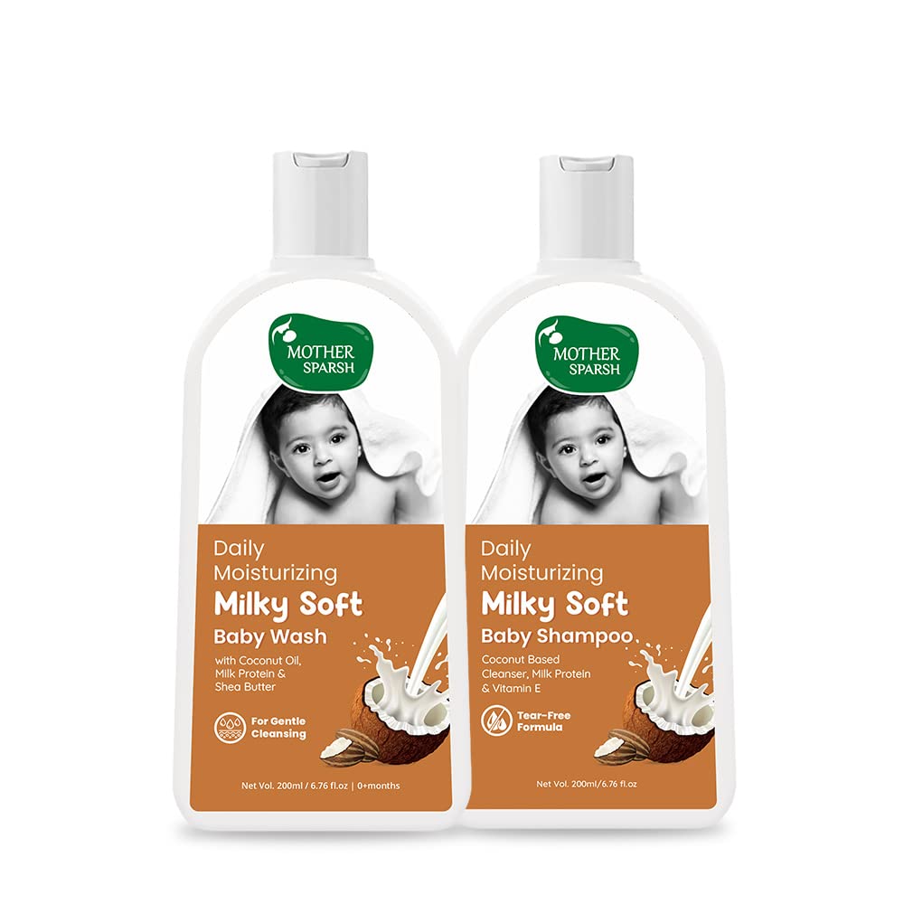 Mother Sparsh Milky Baby Wash & Milky Baby Shampoo | Tear Free Formula With Milk Protein & Coconut | 200Ml Each