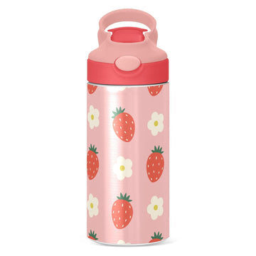 Strawberry Flowers Cute Girls Water Bottle With Straw And Carry Handle Pink Vacuum Insulated Stainless Steel Bottles Leak-Proof