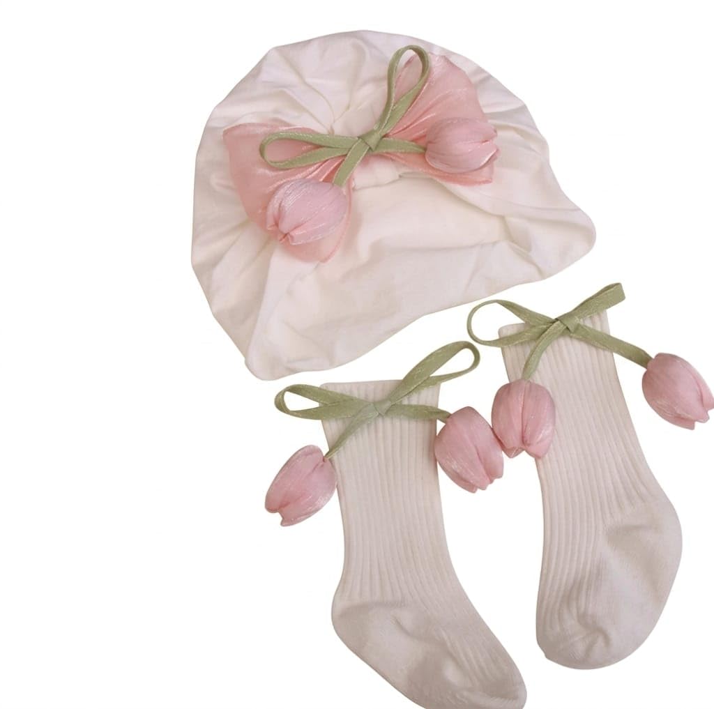 Iba Isba Collections Baby Hat And Socks Set With Tulip Charms, Cotton, AntiSlip, Bow Cap, Spring Autumn, Newborn, 0312 Months