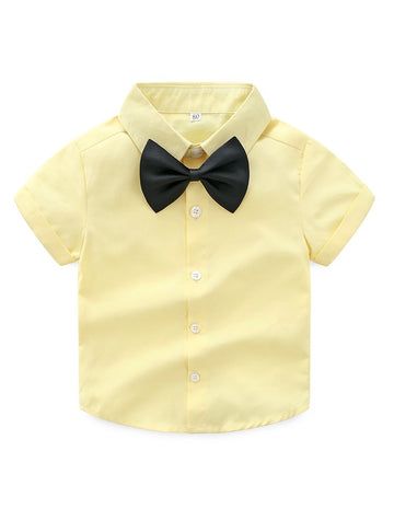 Abolai Baby Boy Summer Cotton Gentleman Short Sleeve Bowtie Romper Suspenders Shorts Outfit Set Style2 Yellow 95