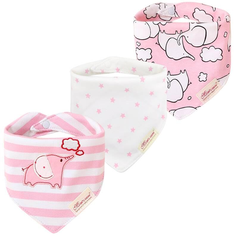 Jn&Lulu 3 Pack Newborn Baby Bibs Bandana Drool Bibs For Drooling Cotton Baby Gifts (Pink Elephant)