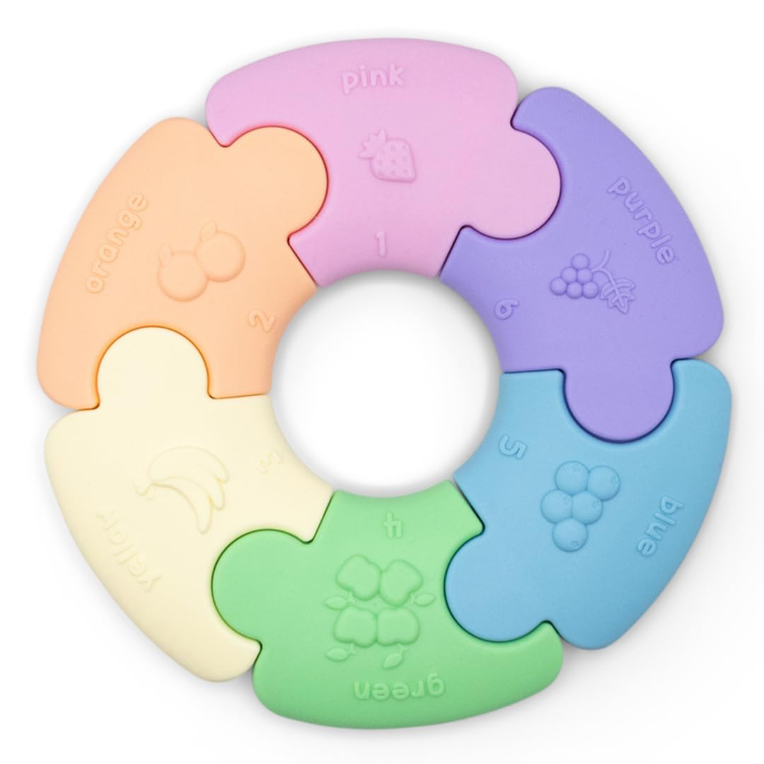 Jellystone Designs Color Wheel Interlocking Puzzle Ring Teether - Silicone Chew - Chewable Educational Toy for Babies and Toddle