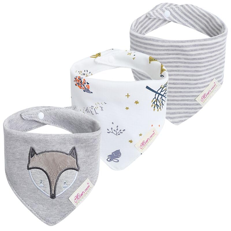 Jn&Lulu 3 Pack Newborn Baby Bibs Bandana Drool Bibs For Drooling Cotton Baby Gifts (Grey Fox)