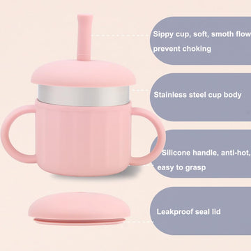 Mycoki Sp Baby Sippy Cup, Silicone Training Stainless Steel Kid Cups, Break Resistant Straw Lid Cup For Infants 6-12 Month Toddl