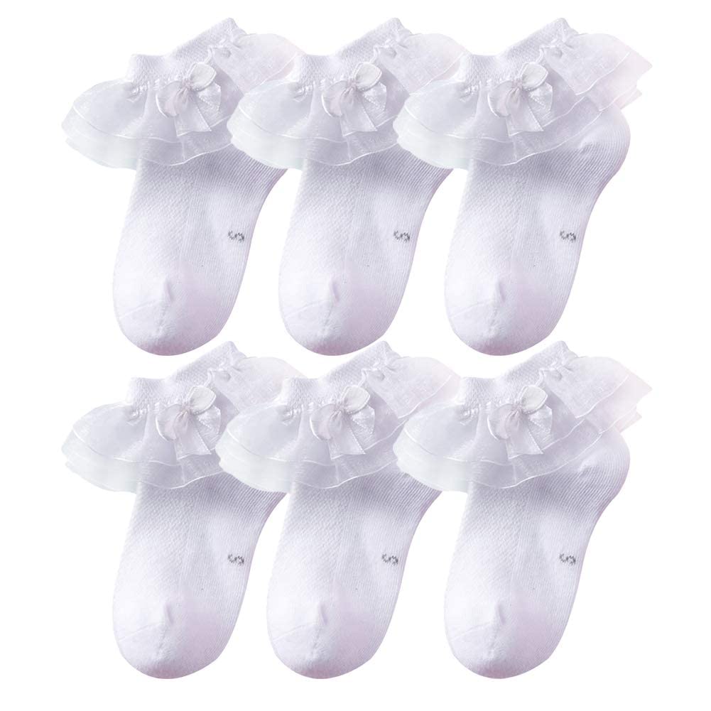 Looching Baby Toddlers Girls White Cotton Princess Style Ruffles Lace Top Frilly Mesh Socks With Bowknot Pack Of 6 S(2-4 Years)