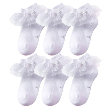 Looching Baby Toddlers Girls White Cotton Princess Style Ruffles Lace Top Frilly Mesh Socks With Bowknot Pack Of 6 S(2-4 Years)