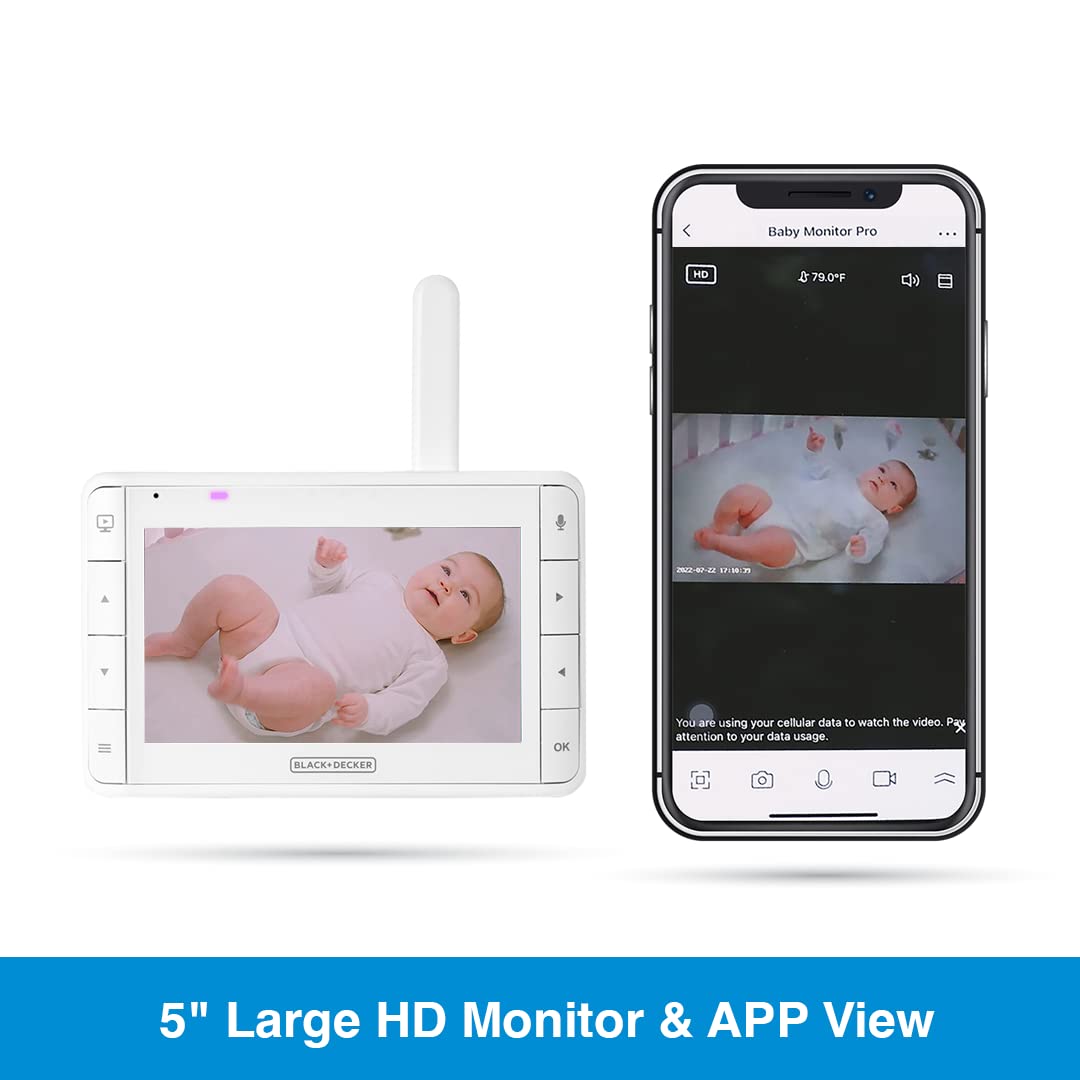 Black+Decker Smart Video Baby Monitor Pro - 5' Screen, Full Hd 1080P Image Sensor, Wifi & App Compatible, Pan-Tilt-Zoom, Smooth