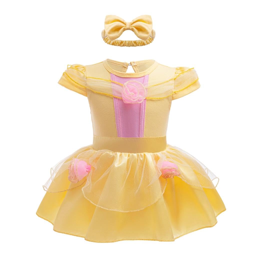 Dressy Daisy Infant Baby Girl Princess Beauty Onesie Romper Halloween Costume Bodysuit with Headband Size 0-3 months