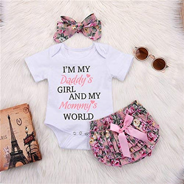 Iwoka 3Pcs Newborn Baby Girl Short Sleeve Letters Romper Jumpsuit+Pant Shorts+Headband Bodysuit Outfit (White, 0-6Months)