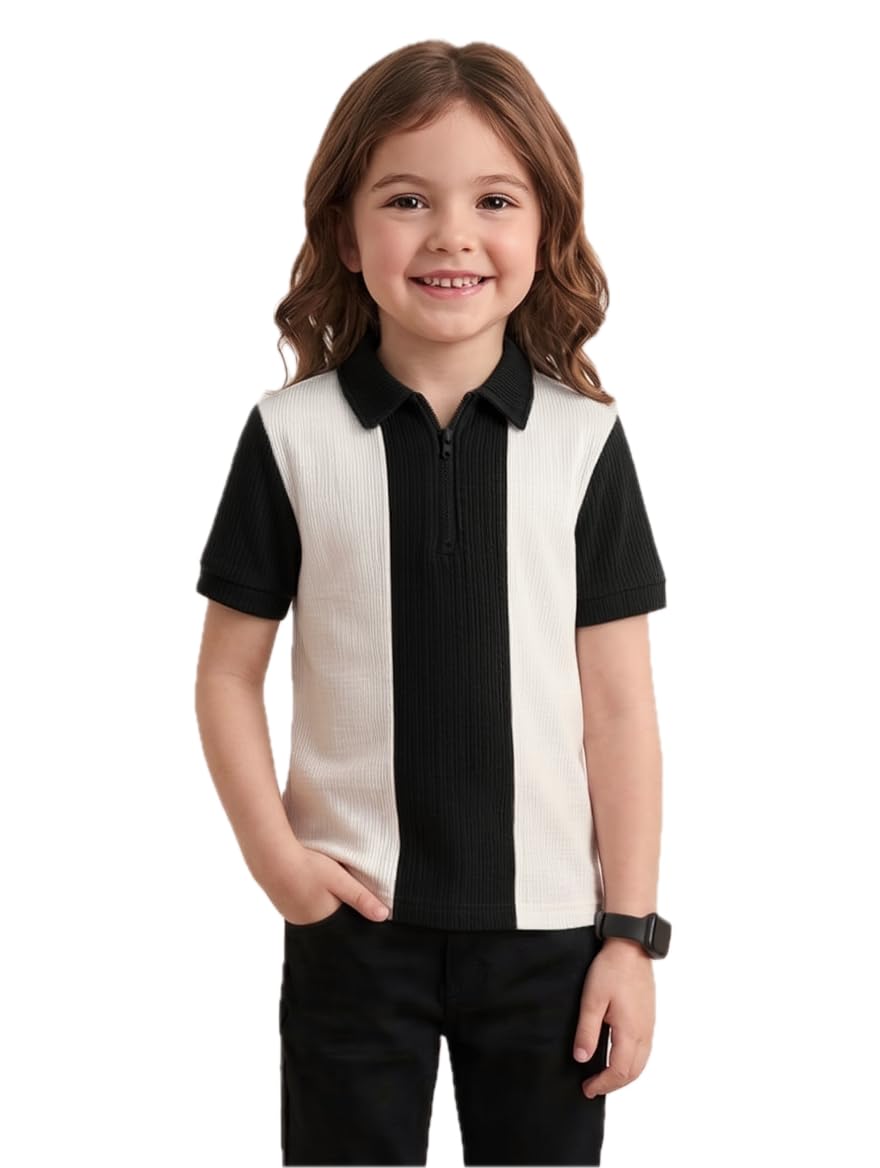 Nuno Girls Polo TShirt, Ribbed Knit, Half Sleeve, Zip Neck, Colourblock, Casual Style, Kids (In, Age, 14 Years, 15 Years, Regul