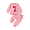 Nokpsedcb Baby Boy Girl Cute Letter Embroidery Long Sleeve Sweatshirt And Elastic Long Pants Toddler Valentine Outfits (Pink Be
