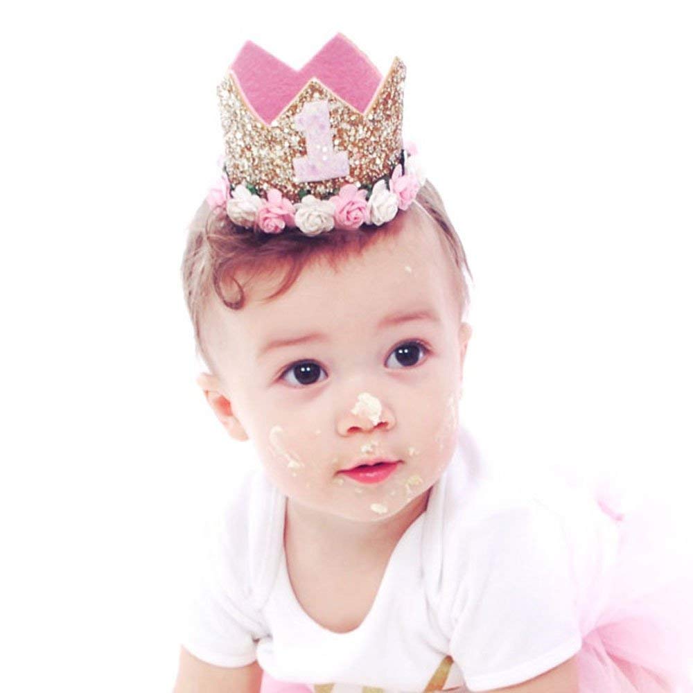 Golden Swallow First Birthday Crown Baby Girl Flower Tiara Headband Party Hat Hairband