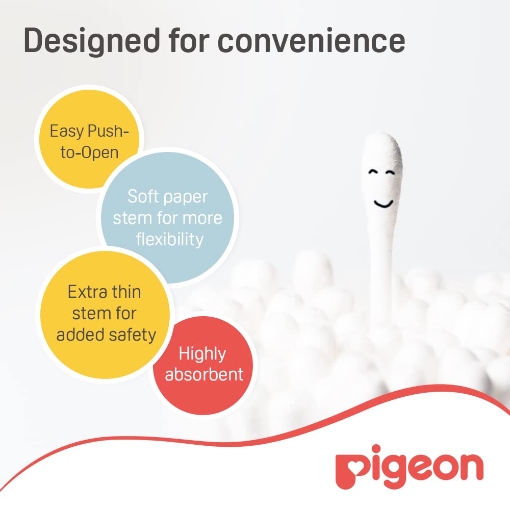 Pigeon Cotton Swabs, Flexible And Soft Paper Stem, 100% Soft Cotton Tips, Thin & Hinged, 200 Pieces, White