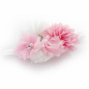 My Lello Baby Headband Shabby Fabric Flower Cluster Stretchy Elastic Light Pink/White