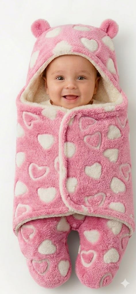 Pink Heart Baby Swaddle Wrap Blanket with Hood