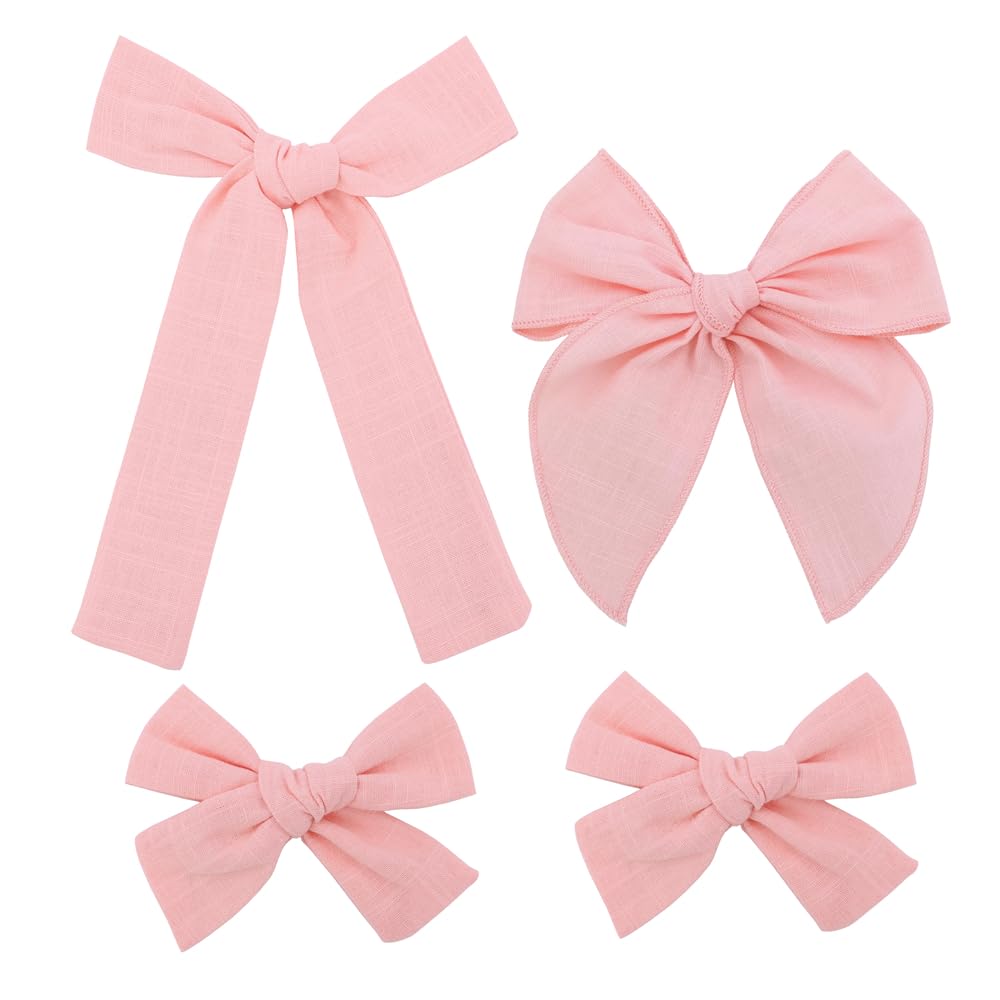 3 Styles Hair Bow Clips for Little Girls Toddler Baby Mom Women Hair Barrettes Accessories 4 Pcs Cotton Linen Bows Peach Pink