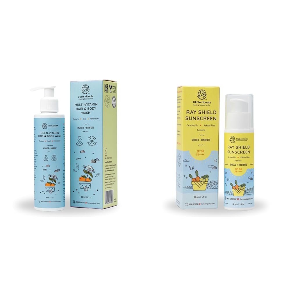 Little Rituals Baby MultiVitamin Body & Hair Wash 200 Ml And Rayshield Sunscreen For Baby And Kids, Spf 50 Pa++++ Uva/Uvb/Ir