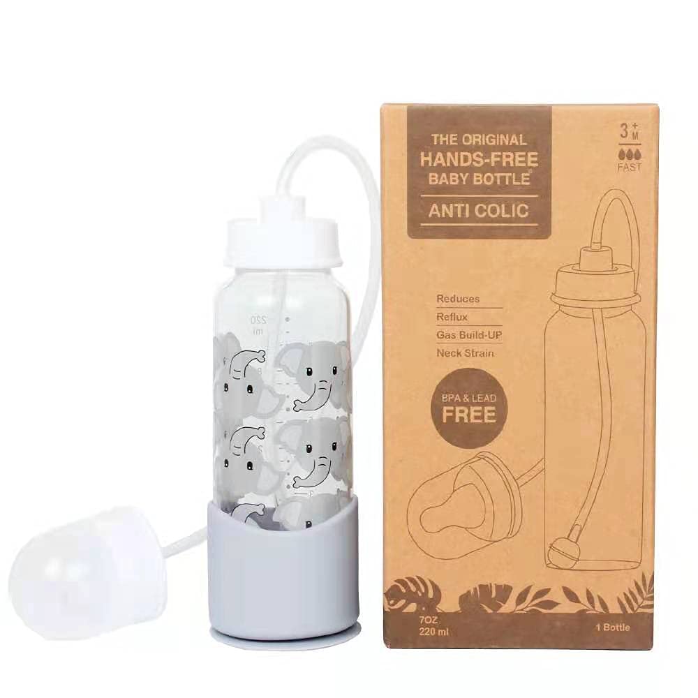 Hands-Free Baby Bottle - Anti-Colic Self Feeding System 7 oz Glass Bottle (1 Pack - Elephant)