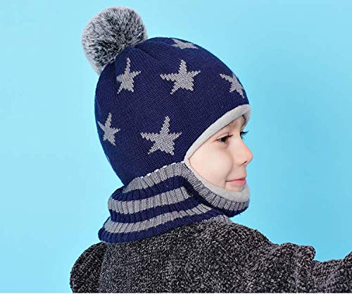 Baby Winter Hat Scarf Mitten Set, Unisex Infant Toddler Kids Hat Scarf (Navy+Grey Stars, 2-5T)