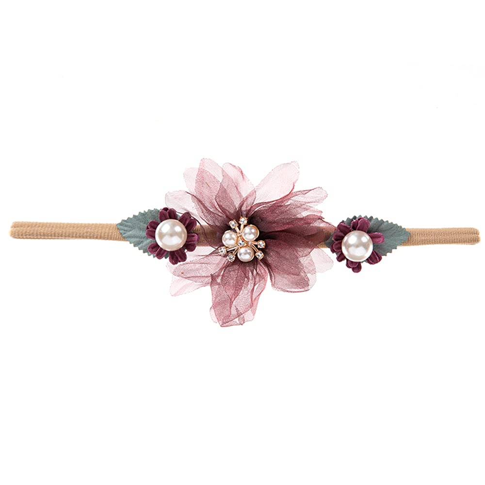 Wiwpar Gauze Flowers Headband Bead Headwear Elastic Adjustable Head Piece Girl'S Hairbands For Toddler And Childrens (Purple)
