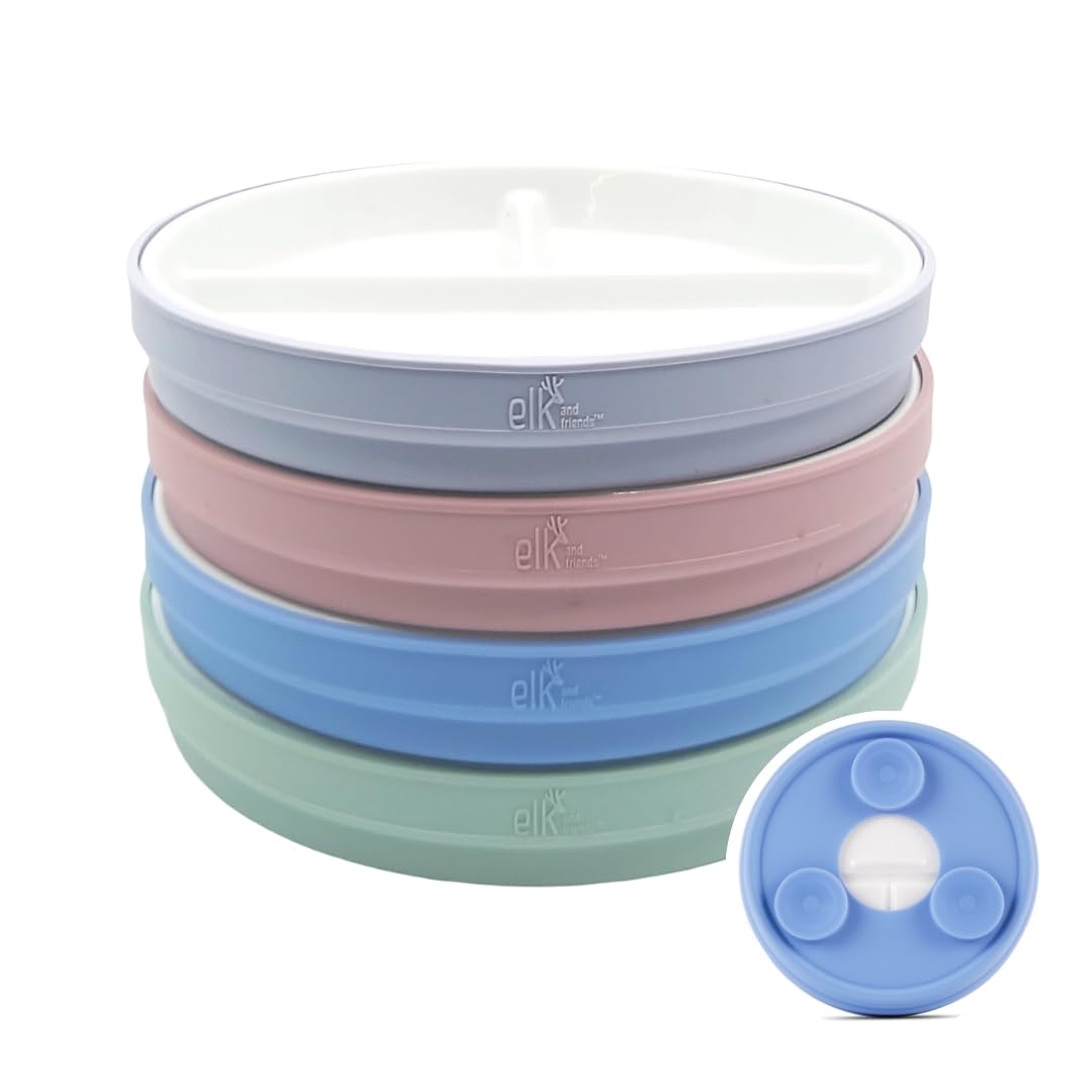 Elk and Friends Kids 7.8 Porcelain Divided Plates with Silicone Suction Sleeves | Suitable for Kids/Toddlers | Microwave & Di