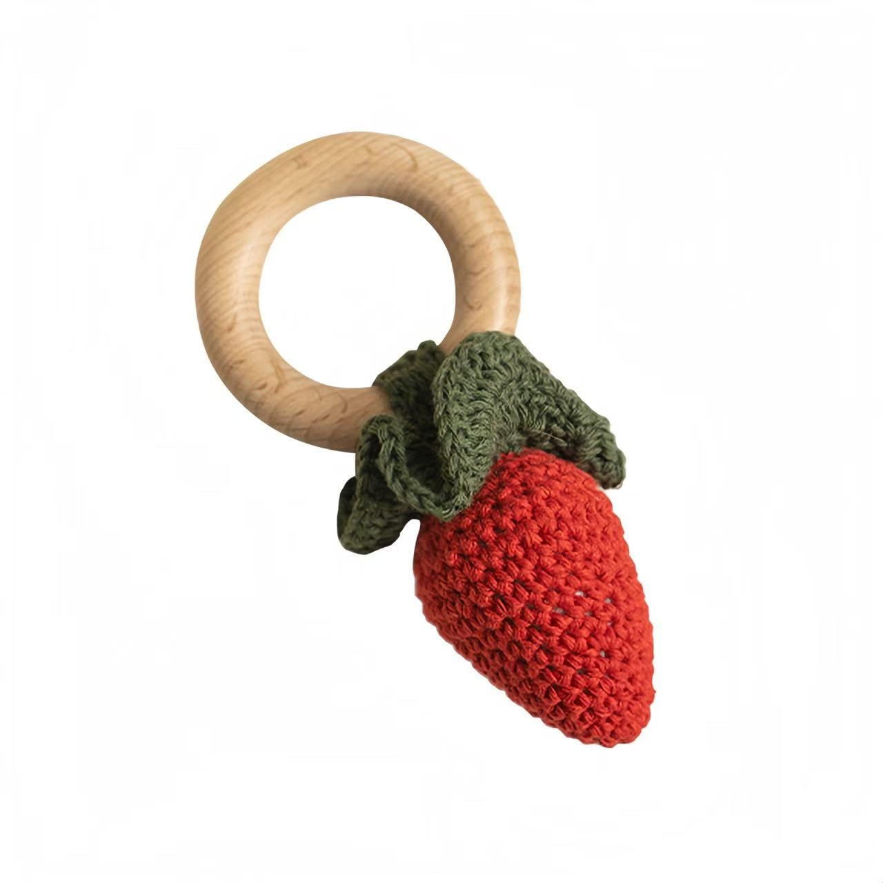 Wooden Baby Rattle Toys Stuffed Crochet Rattle with Teether Ring for Newborn Babies Fruit Wooden Teether Toy Infant Toddler Hand