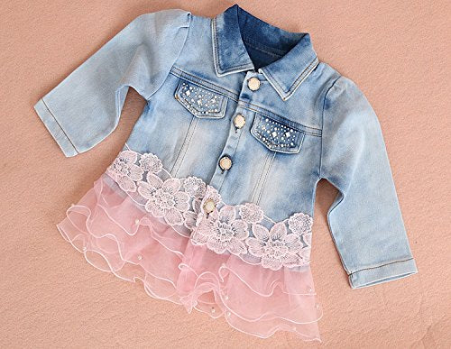 Yao Baby Girls Denim Clothing Sets 3 Pieces Sets T Shirt Denim Jacket And Jeans(Pink, 2-3 Years)