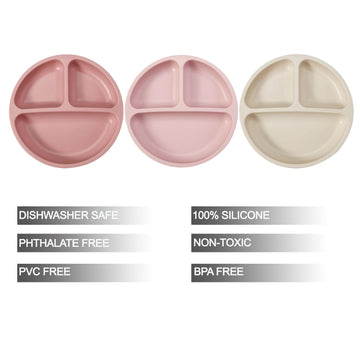 Pandaear 3 Pack Toddler Plates, Silicone Divided Suction Plate For Babies, Bpa-Free 100% Food-Grade Silicone Unbreakable Baby Pl