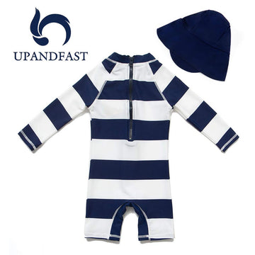 Upandfast Kids One Piece Zip Sunsuit With Sun Hat Upf 50+ Sun Protection Baby Beach Swimsuit (Stripe(Ls), 12-18 Months)