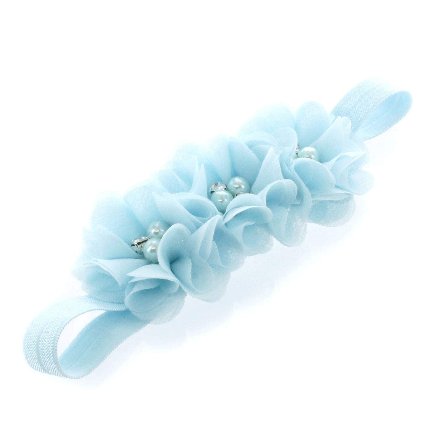 My Lello Baby Flower Headbands Fabric Beaded Trio Stretchy Elastic Pair (Navy/Frosty Blue)