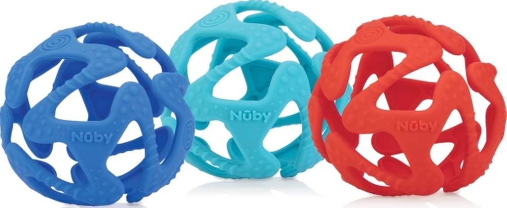 Nuby 100% Silicone Tuggy Teether Ball, 6 Months +, Colors May Vary 1 Count (Pack of 1)