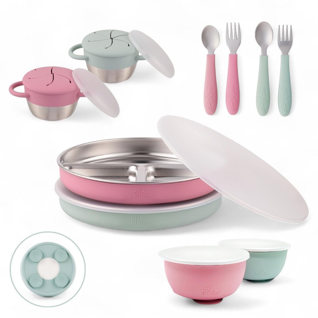 Elk and Friends Kids Stainless Steel Mealtime Bundle | Plates, Bowls, Snack Cups + Toddler Utensils | Silicone Suction Sleeves +