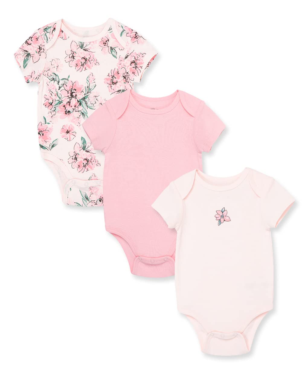 Little Me Clothes for Baby Girls 3-Pack 100% Cotton Bodysuits with Full Snap Closures for Easy Dressing, Baby Essentials