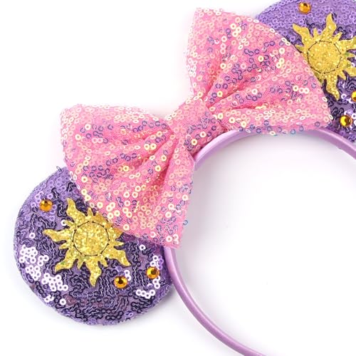 Zhezesmila Purple Mouse Ears Sequin Bow Mouse Ears Headband For Women Cosplay Costume Princess Party Birthday Hair Band