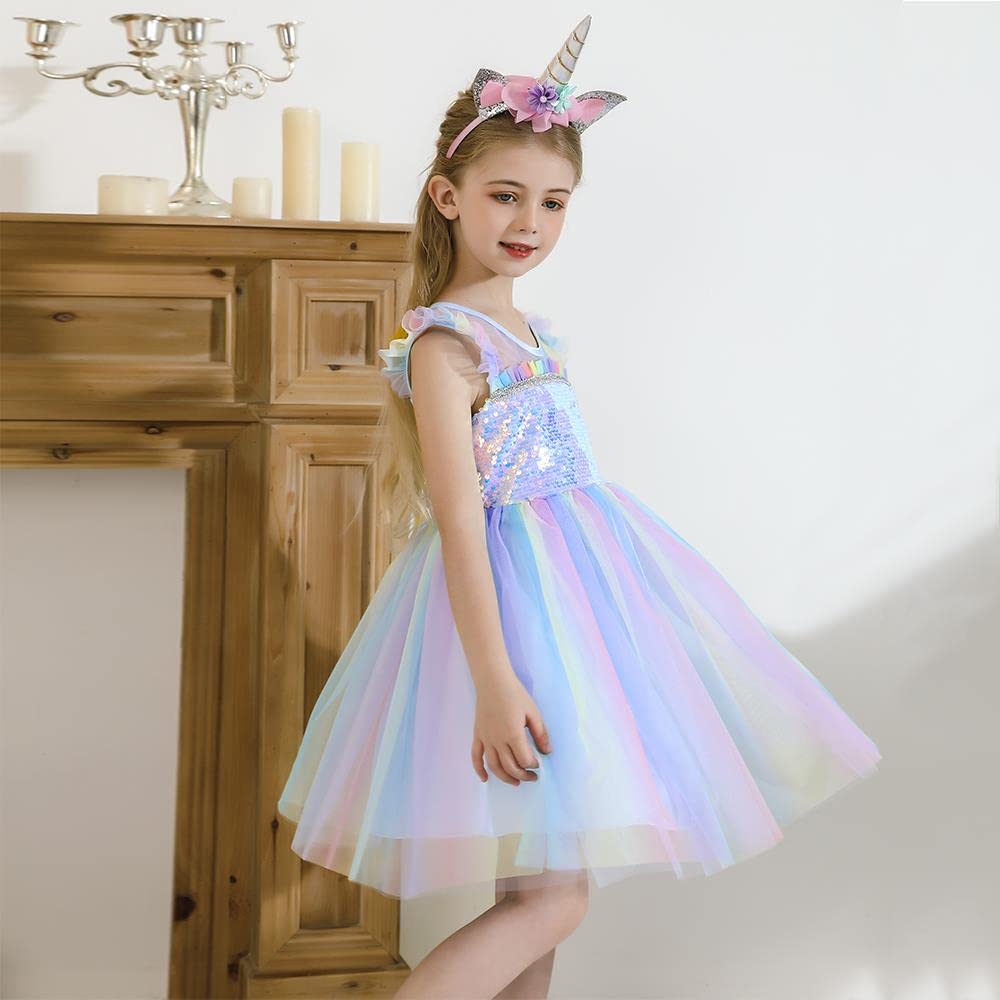 Dressy Daisy Unicorn Birthday Rainbow Tulle Dress Princess Costume Fancy Party Outfit For Toddler Girls Size 2T 3T