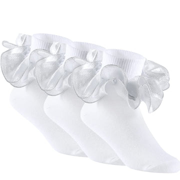 Yepami 3 Pairs Girls Ruffle Socks Big Double Lace Frilly Trim Dress Socks (Silver,Large)