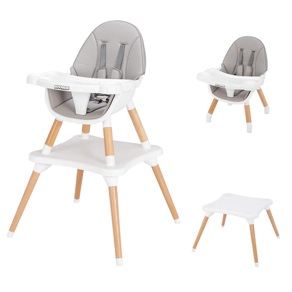 JOYMOR 5-in-1 Convertible Baby High Chair for Babies and Toddlers, Table and Chair Set, Wooden Infant Eating Highchair with Leat
