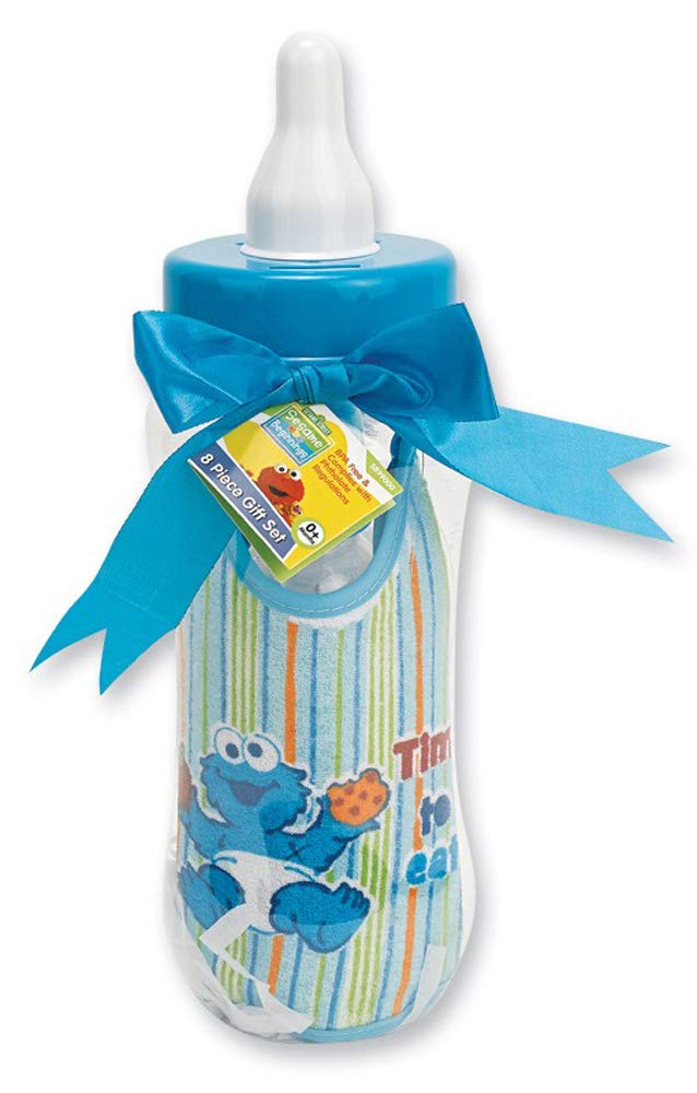Sesame Beginnings Bottle Bank Gift Set - 8 Piece Baby kit Includes 9 oz Baby Bottle, bib, Bottle Brush, Snack Container with lid