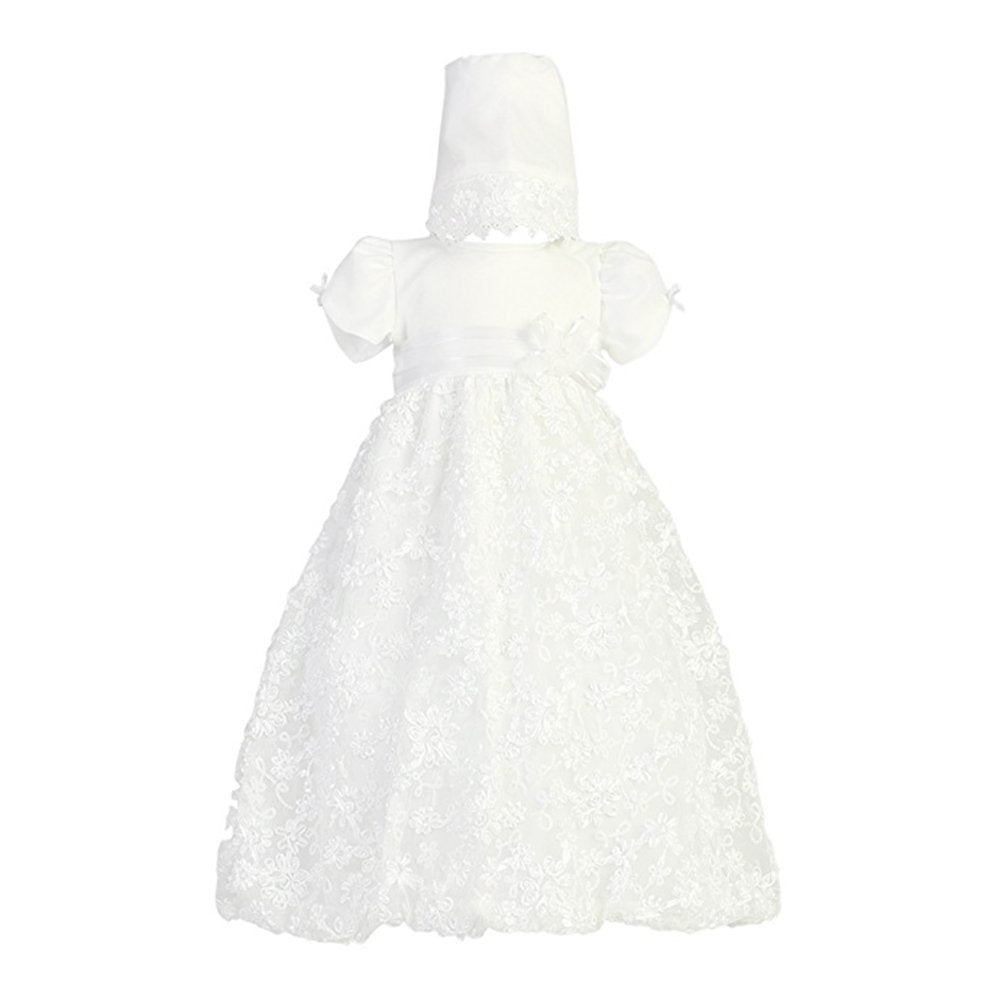Long White Embroidered Satin Ribbon Tulle Baby Girl Christening Baptism Special Occasion Newborn Dress Gown With Matching Hat -