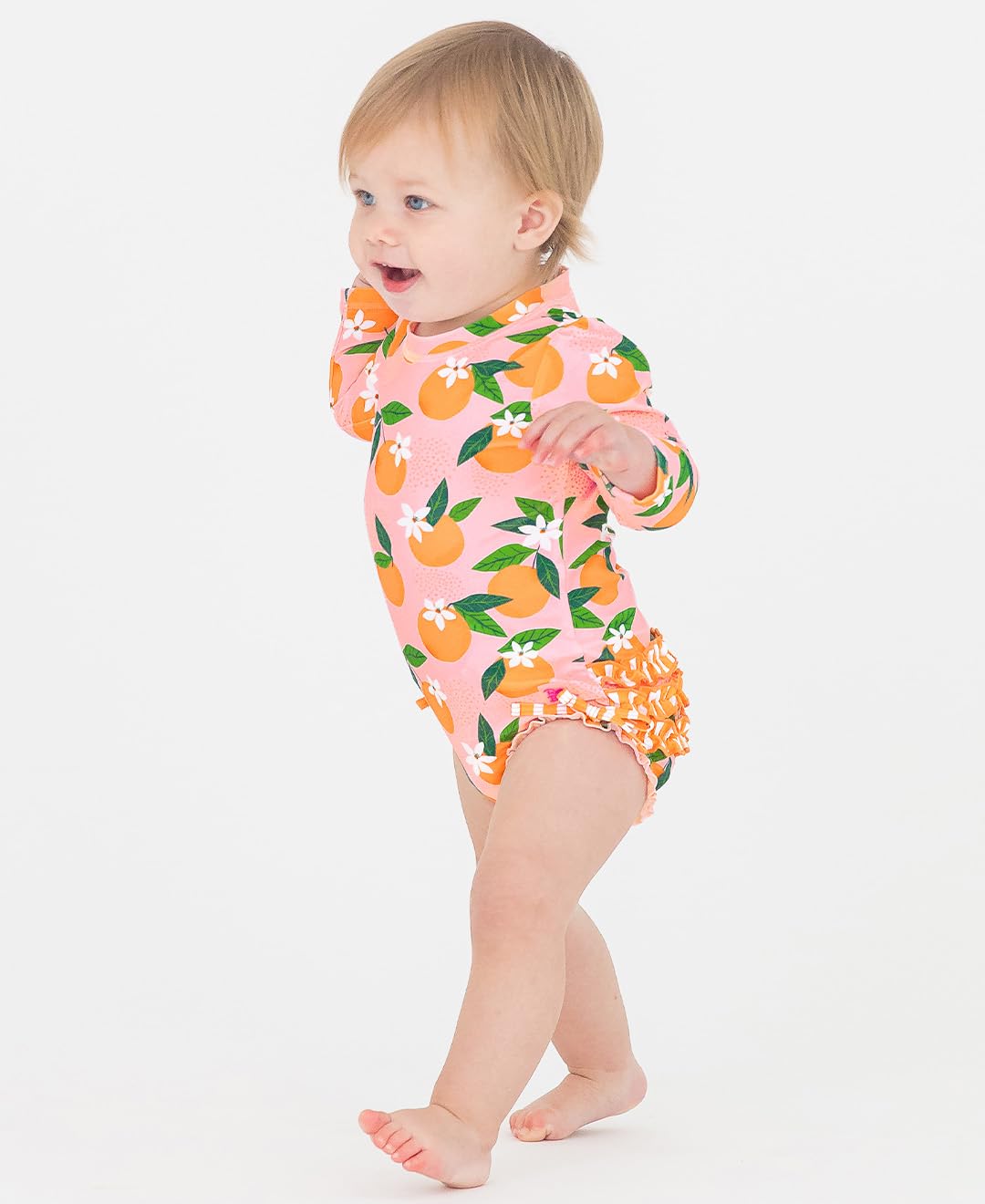 Rufflebutts Baby Girls Upf 50+ Sun Protection Novelty Print Long Sleeve One Piece Rash Guard Swimsuit With Zipper - Orange You T