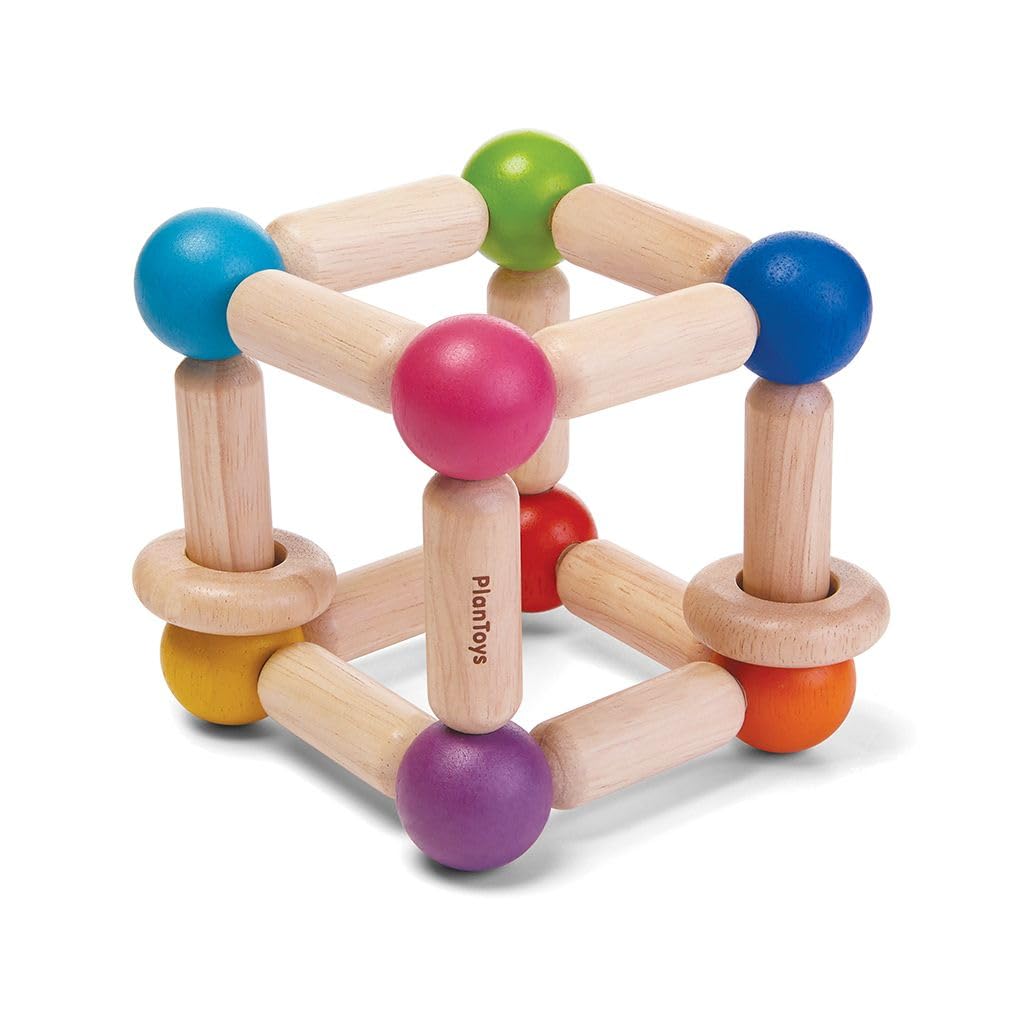PlanToys Wooden Square Clutching Baby Toy (5245) | Sustainably Made from Rubberwood and Non-Toxic Paints and Dyes