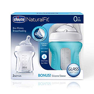 Chicco Naturalfit Glass 2 Pack Slow Flow With Bonus Silicone Sleeve, 9 Ounce, 0 Months Plus