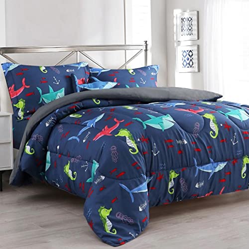 Sapphire Home 8 Piece Shark Full Bedding Set For Boys, Bed In A Bag, Kids Comforter Set With Bed Sheets, Pillow Case, Toy Pillow
