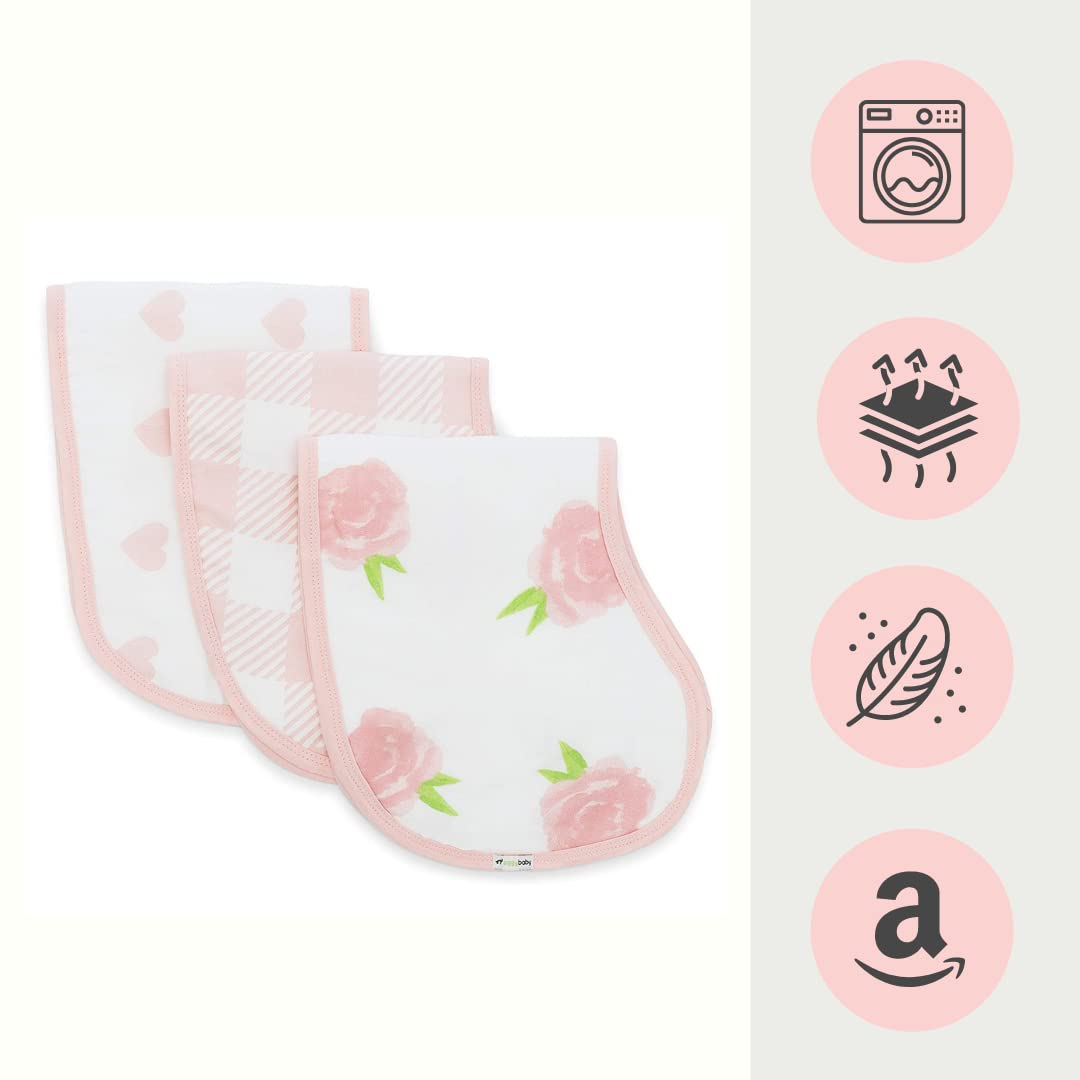 Ziggy Baby Muslin Burp Cloths, Burpy Bib Set (3 Pack) Pink Peony, Heart And Buffalo Plaid
