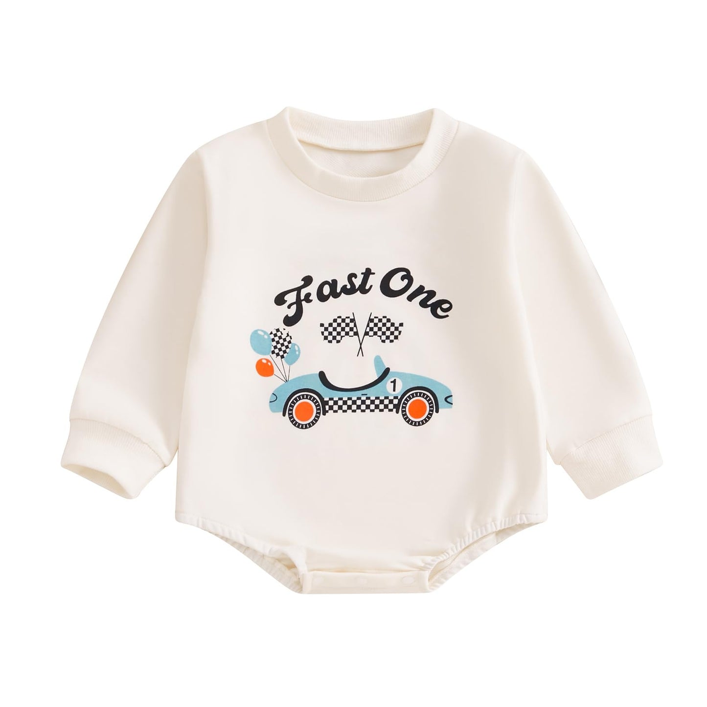 KMBANGI First Birthday Baby Boy Girl Clothes Fast One Race Car Romper Bubble Sweatshirt Top 1st Birthday Cake Smash Outfit (Beig